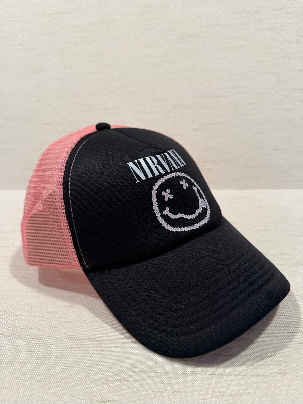 NIRVANA Black and Pink/Rose Mesh Trucker Hat with Smiley Logo
